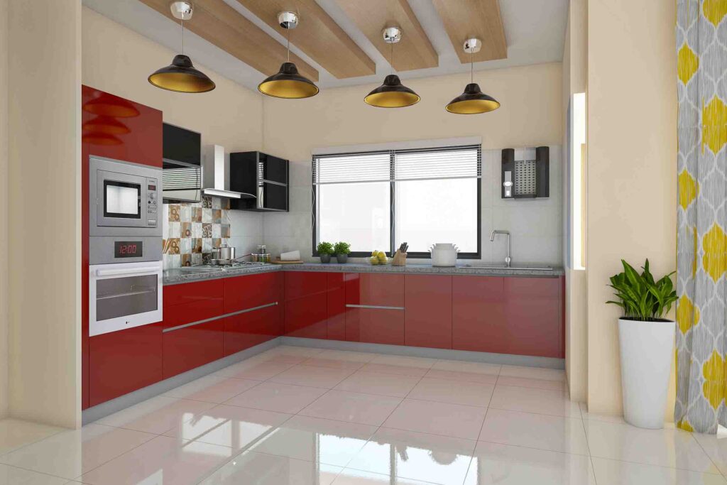 Elegant Modular Kitchen Design with Red Accents